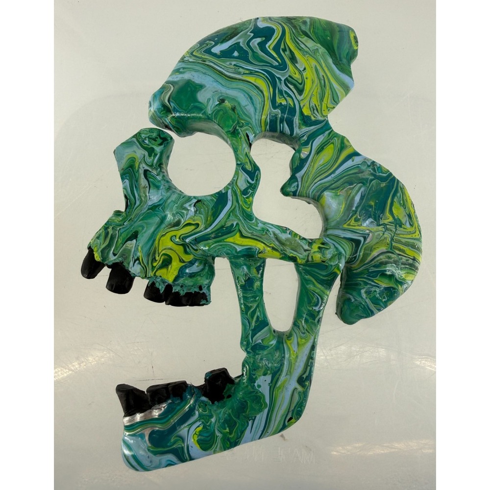 Abstract Acrylic Pour Skull Wall Art Green Blue Yellow Handmade Halloween Decor